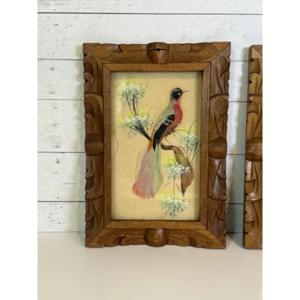 Vintage Set of 2 Feather Bird Art Pictures Carved Wood Frames Mexico